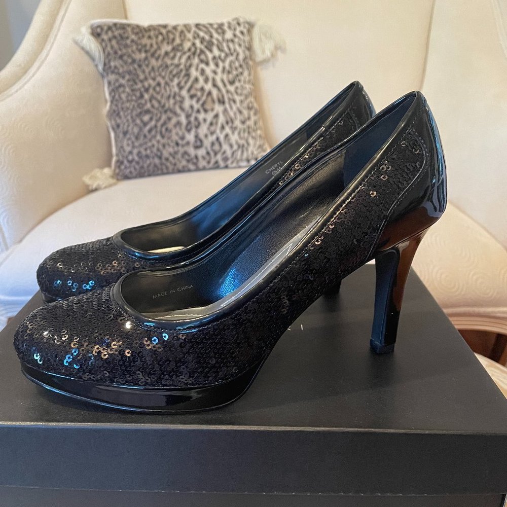 Tahari Black Sequin Cheryl Platform Pumps